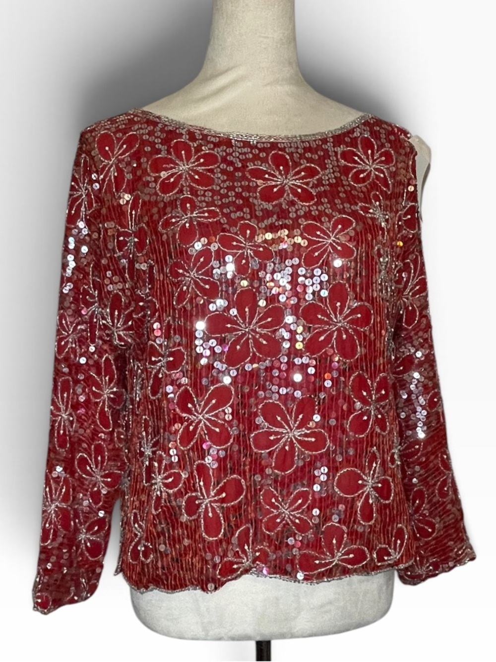 Vintage Star Group Red Silk Floral Beaded Sequin Blouse Top Medium NWT
